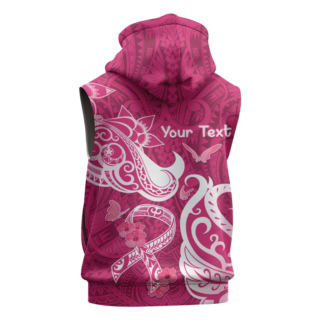 Personalized Breast Cancer Sleeveless Zip Hoodie Ribbon Polynesian Pattern Pink Version