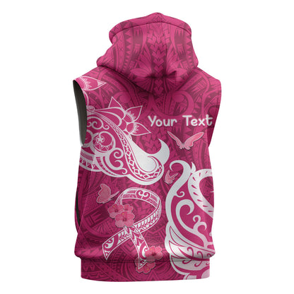 Personalized Breast Cancer Sleeveless Zip Hoodie Ribbon Polynesian Pattern Pink Version
