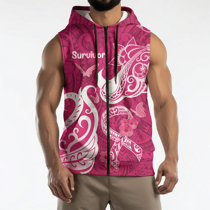 Personalized Breast Cancer Sleeveless Zip Hoodie Ribbon Polynesian Pattern Pink Version