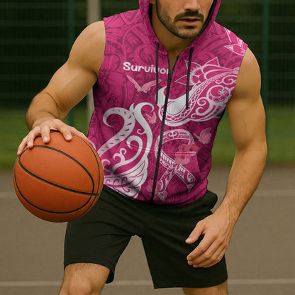 Personalized Breast Cancer Sleeveless Zip Hoodie Ribbon Polynesian Pattern Pink Version