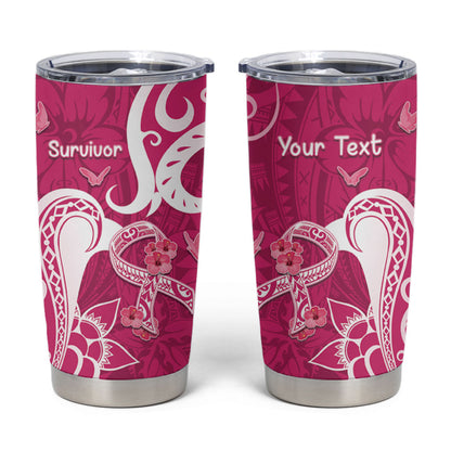 Personalized Breast Cancer Tumbler Cup Ribbon Polynesian Pattern Pink Version