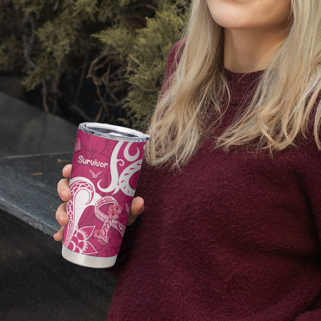 Personalized Breast Cancer Tumbler Cup Ribbon Polynesian Pattern Pink Version