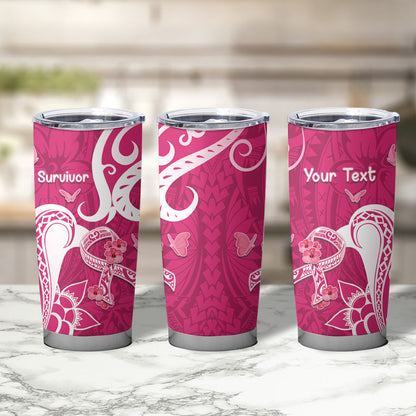 Personalized Breast Cancer Tumbler Cup Ribbon Polynesian Pattern Pink Version
