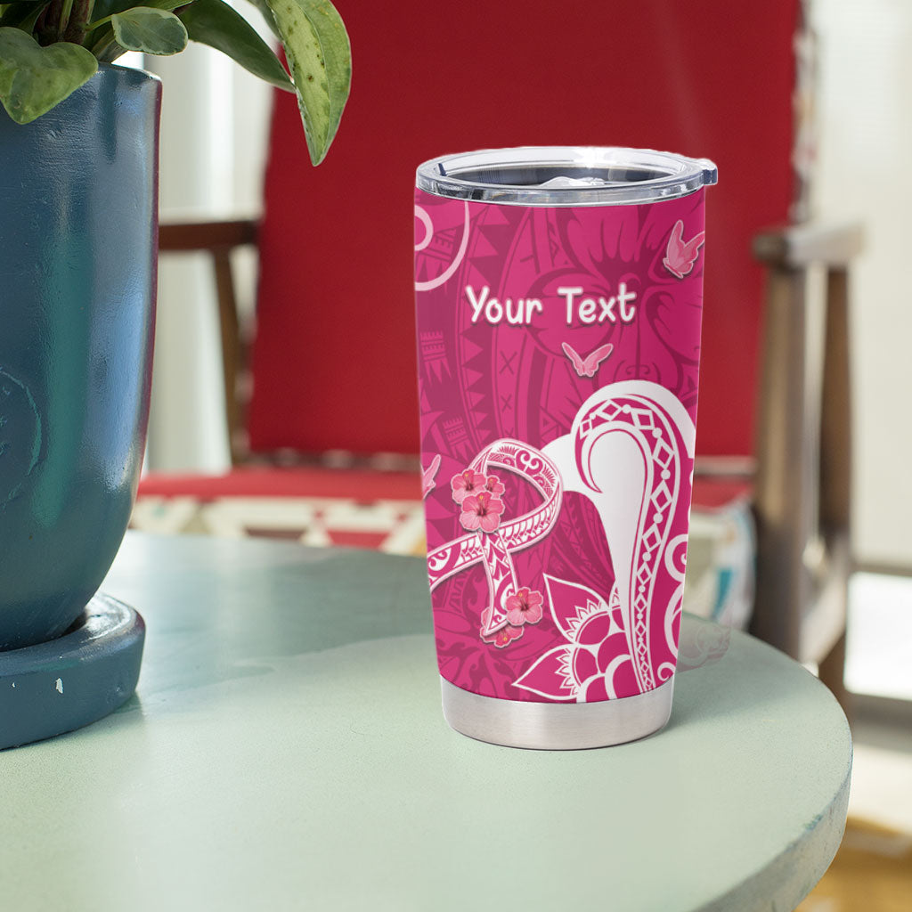 Personalized Breast Cancer Tumbler Cup Ribbon Polynesian Pattern Pink Version