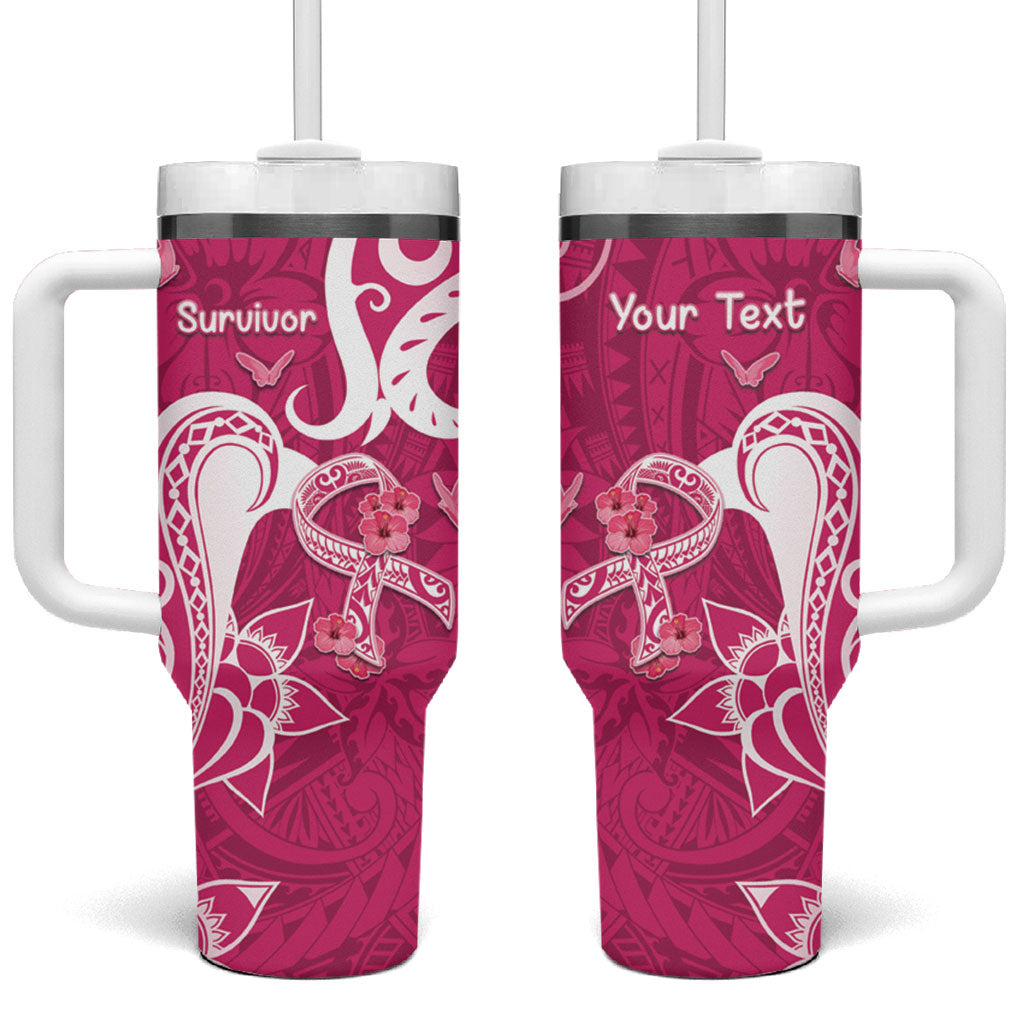Personalized Breast Cancer Tumbler With Handle Ribbon Polynesian Pattern Pink Version