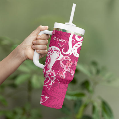 Personalized Breast Cancer Tumbler With Handle Ribbon Polynesian Pattern Pink Version