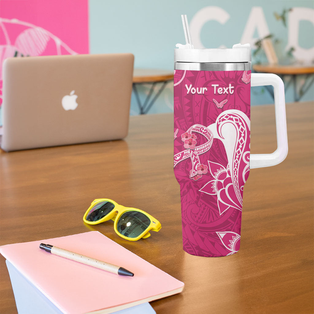 Personalized Breast Cancer Tumbler With Handle Ribbon Polynesian Pattern Pink Version