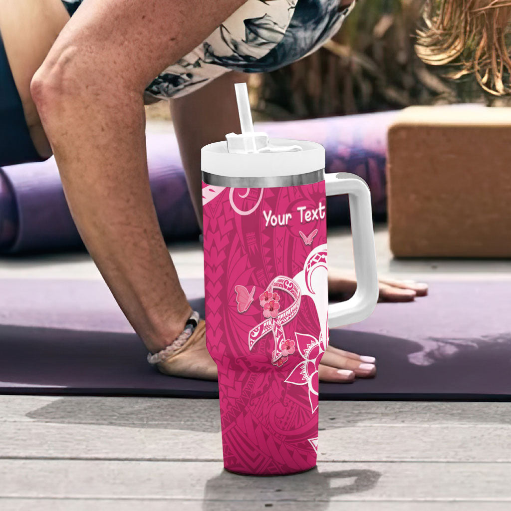 Personalized Breast Cancer Tumbler With Handle Ribbon Polynesian Pattern Pink Version