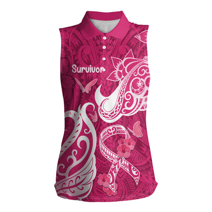 Personalized Breast Cancer Women Sleeveless Polo Shirt Ribbon Polynesian Pattern Pink Version