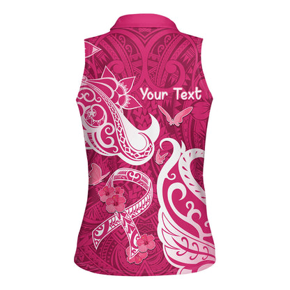 Personalized Breast Cancer Women Sleeveless Polo Shirt Ribbon Polynesian Pattern Pink Version