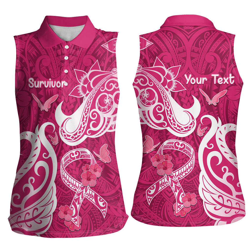 Personalized Breast Cancer Women Sleeveless Polo Shirt Ribbon Polynesian Pattern Pink Version