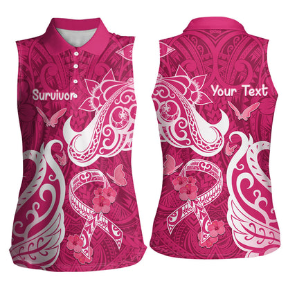 Personalized Breast Cancer Women Sleeveless Polo Shirt Ribbon Polynesian Pattern Pink Version