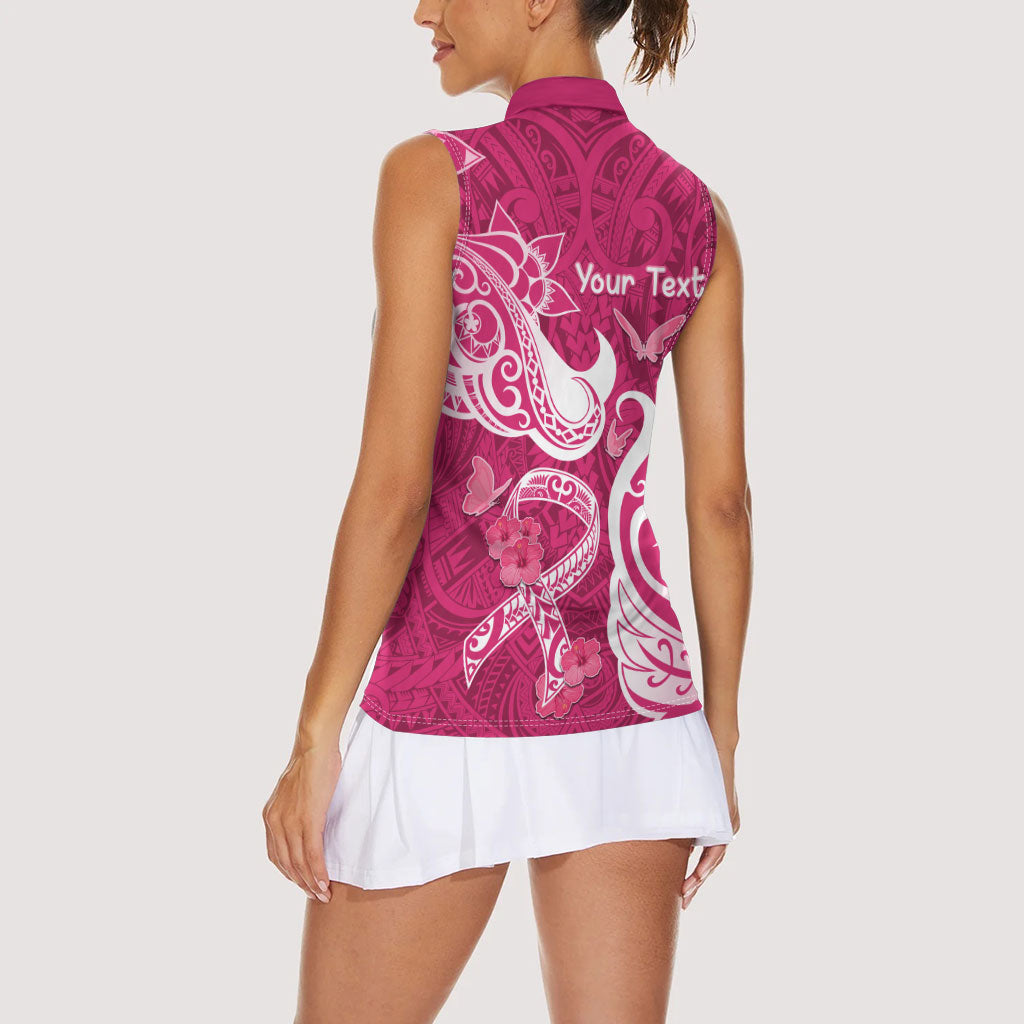 Personalized Breast Cancer Women Sleeveless Polo Shirt Ribbon Polynesian Pattern Pink Version