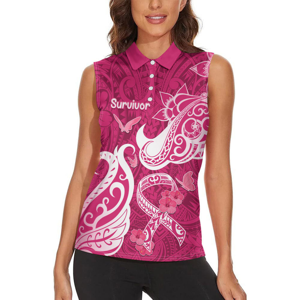 Personalized Breast Cancer Women Sleeveless Polo Shirt Ribbon Polynesian Pattern Pink Version