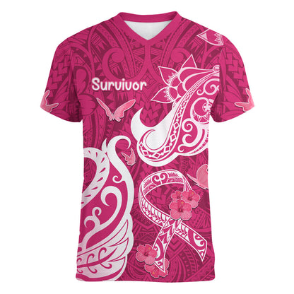Personalized Breast Cancer Women V-Neck T-Shirt Ribbon Polynesian Pattern Pink Version