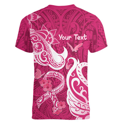 Personalized Breast Cancer Women V-Neck T-Shirt Ribbon Polynesian Pattern Pink Version