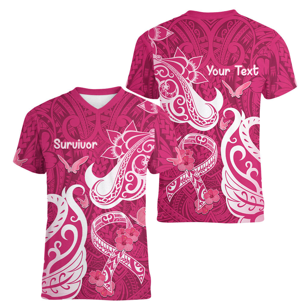Personalized Breast Cancer Women V-Neck T-Shirt Ribbon Polynesian Pattern Pink Version