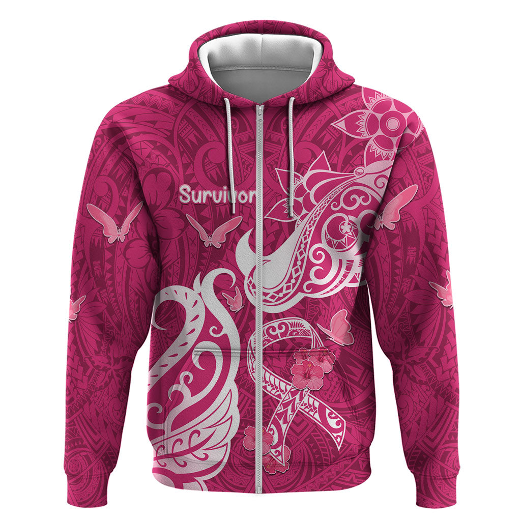 Personalized Breast Cancer Zip Hoodie Ribbon Polynesian Pattern Pink Version