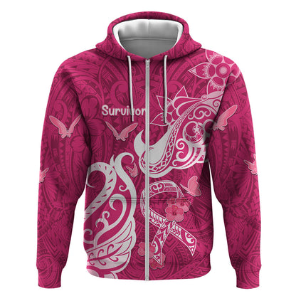 Personalized Breast Cancer Zip Hoodie Ribbon Polynesian Pattern Pink Version