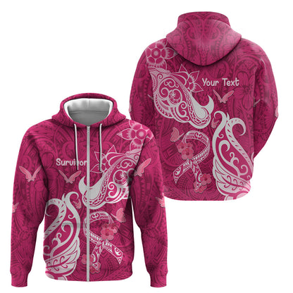 Personalized Breast Cancer Zip Hoodie Ribbon Polynesian Pattern Pink Version