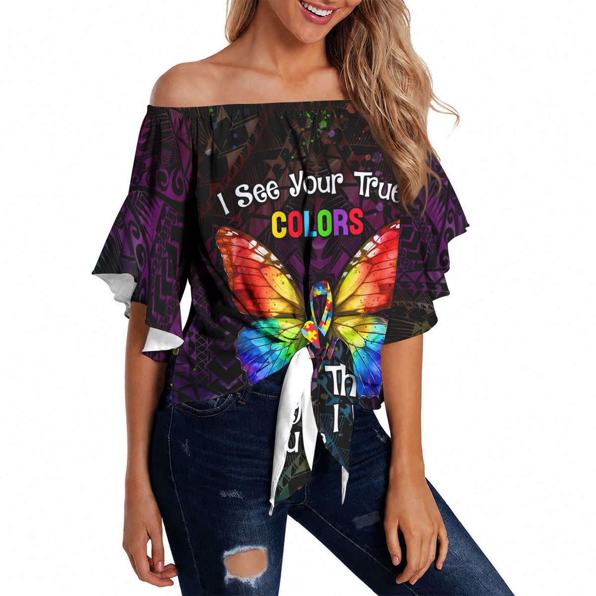 I See Your True Colors Personalised Off Shoulder Wrap Waist Top Autism Support