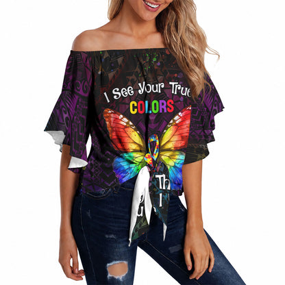I See Your True Colors Personalised Off Shoulder Wrap Waist Top Autism Support