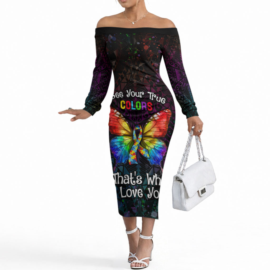 I See Your True Colors Personalised Off The Shoulder Long Sleeve Dress Autism Support