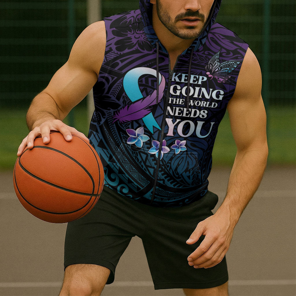 Polynesia Suicide Prevention Sleeveless Zip Hoodie Keep Going The World Needs You