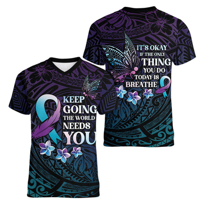 Polynesia Suicide Prevention Women V-Neck T-Shirt Keep Going The World Needs You