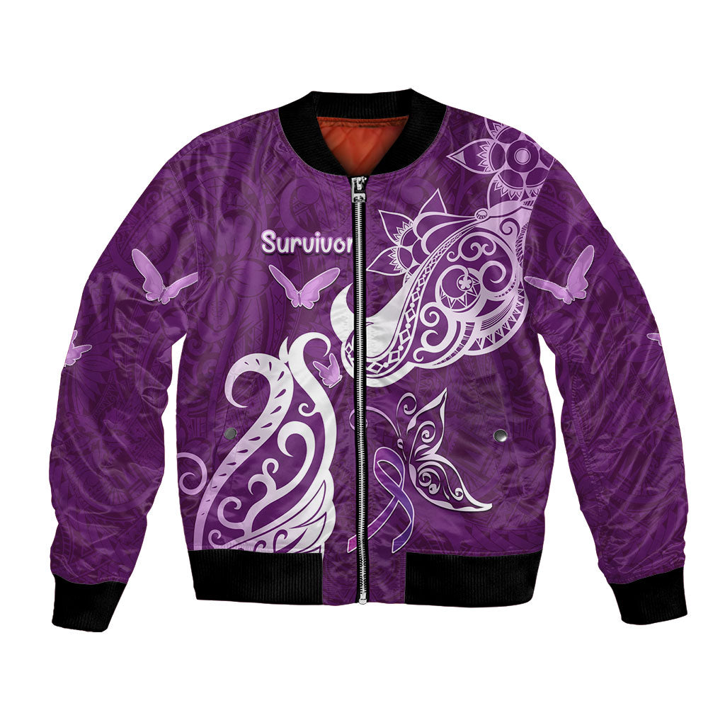 Personalised Fibromyalgia Support Bomber Jacket Polynesian Purple Ribbon