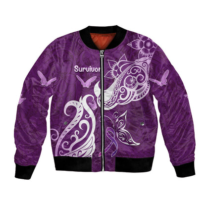 Personalised Fibromyalgia Support Bomber Jacket Polynesian Purple Ribbon