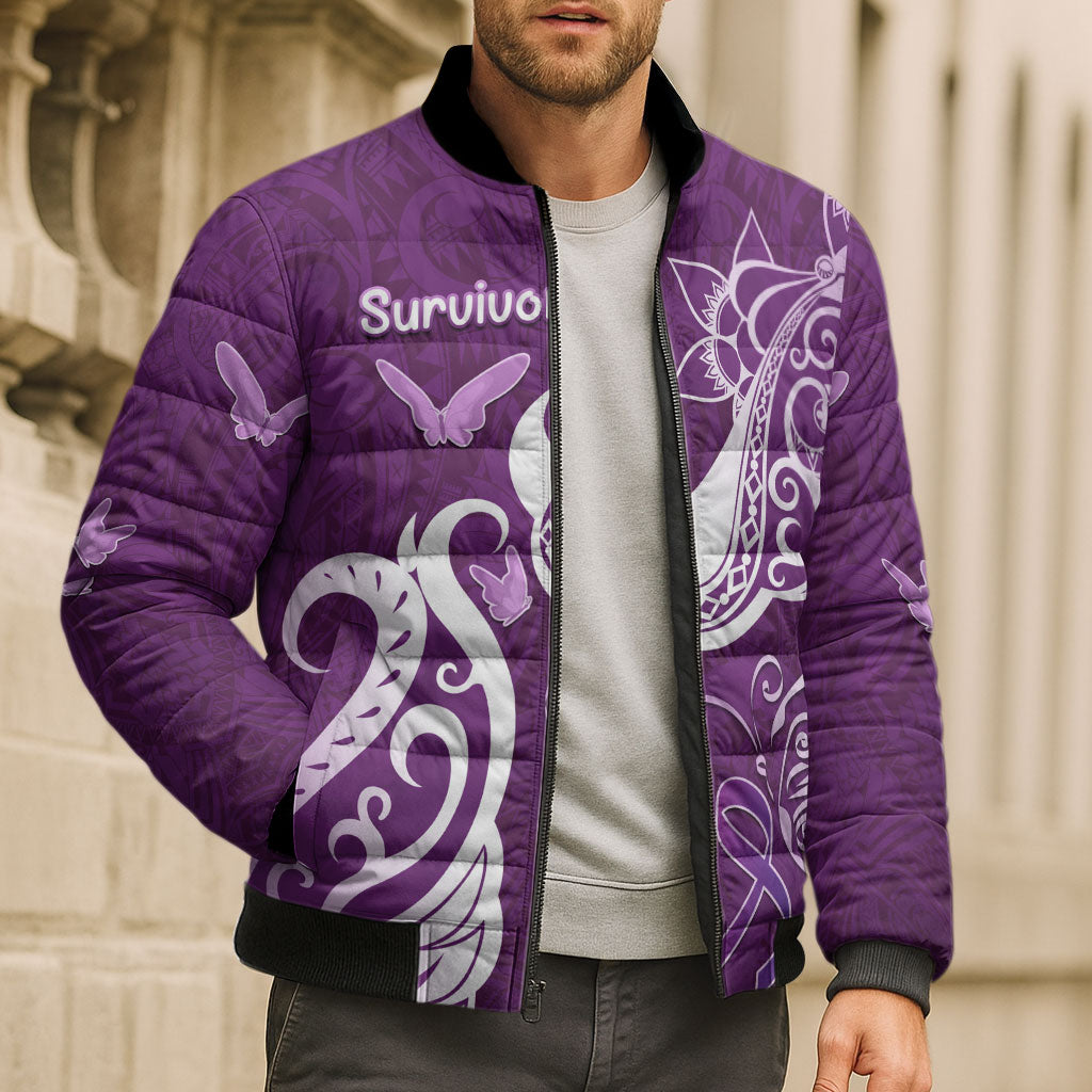 Personalised Fibromyalgia Support Bomber Puffer Jacket Polynesian Purple Ribbon