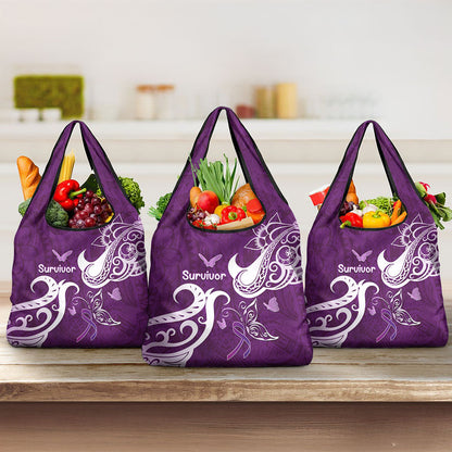 Fibromyalgia Support Grocery Bag Polynesian Purple Ribbon