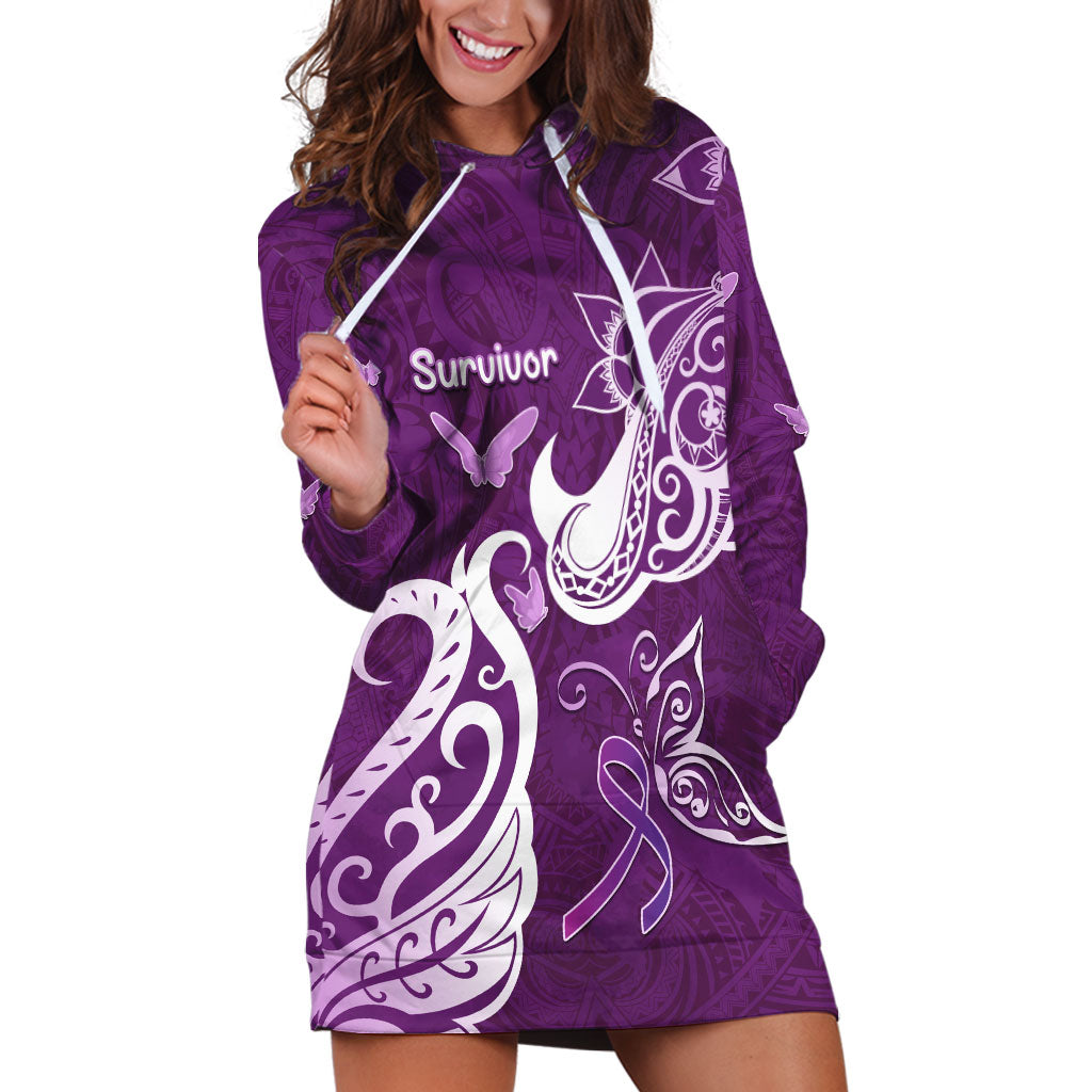 Personalised Fibromyalgia Support Hoodie Dress Polynesian Purple Ribbon