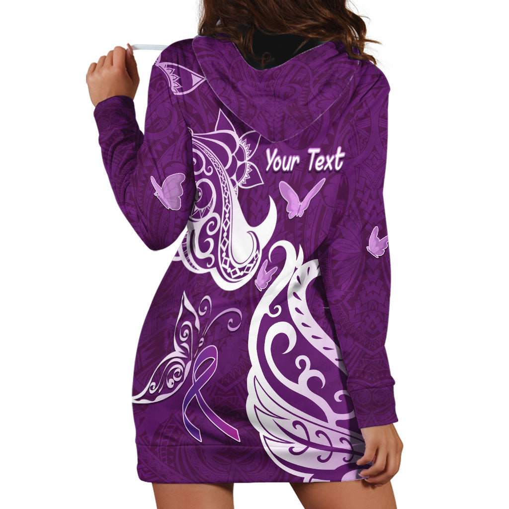 Personalised Fibromyalgia Support Hoodie Dress Polynesian Purple Ribbon