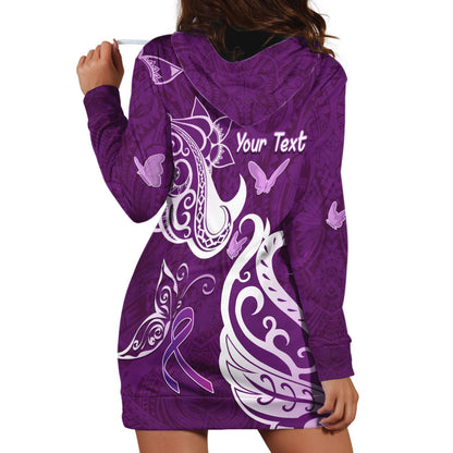 Personalised Fibromyalgia Support Hoodie Dress Polynesian Purple Ribbon