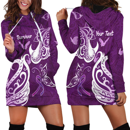 Personalised Fibromyalgia Support Hoodie Dress Polynesian Purple Ribbon