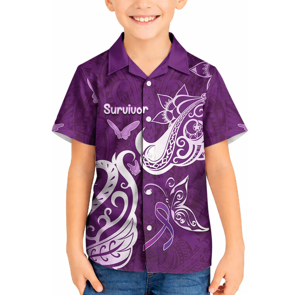 Personalised Fibromyalgia Support Kid Hawaiian Shirt Polynesian Purple Ribbon