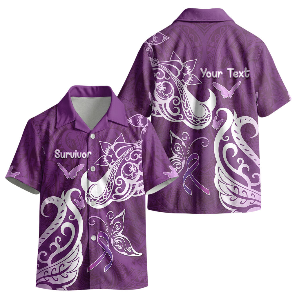 Personalised Fibromyalgia Support Kid Hawaiian Shirt Polynesian Purple Ribbon