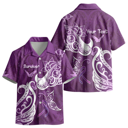 Personalised Fibromyalgia Support Kid Hawaiian Shirt Polynesian Purple Ribbon