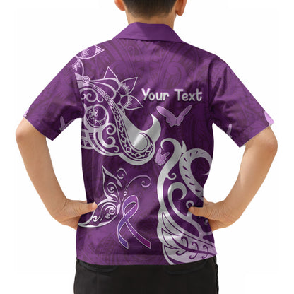 Personalised Fibromyalgia Support Kid Hawaiian Shirt Polynesian Purple Ribbon