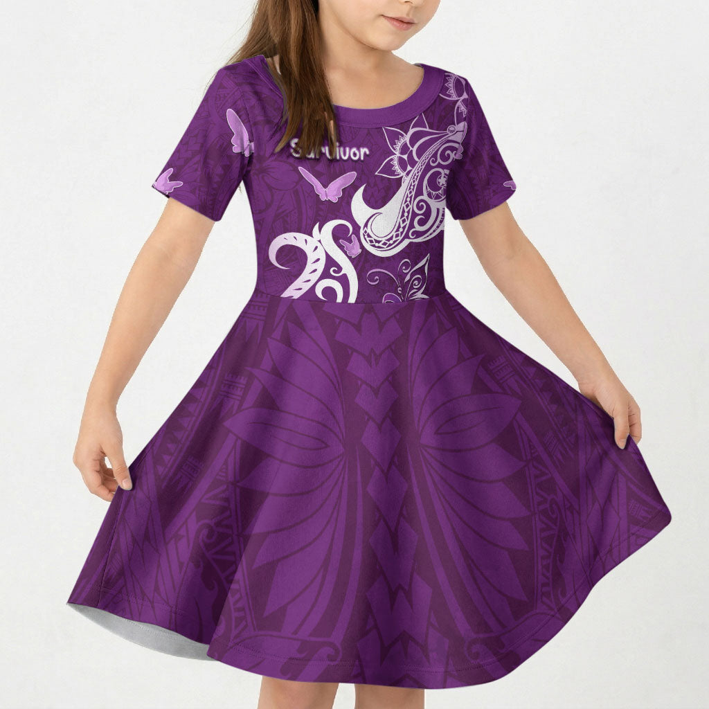 Personalised Fibromyalgia Support Kid Short Sleeve Dress Polynesian Purple Ribbon