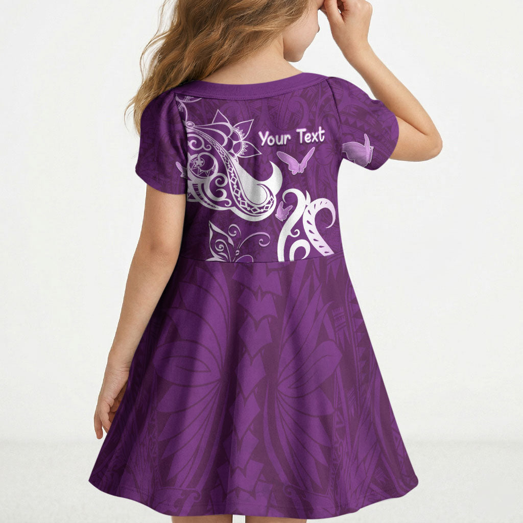 Personalised Fibromyalgia Support Kid Short Sleeve Dress Polynesian Purple Ribbon