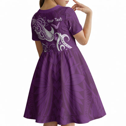 Personalised Fibromyalgia Support Kid Short Sleeve Dress Polynesian Purple Ribbon