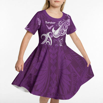 Personalised Fibromyalgia Support Kid Short Sleeve Dress Polynesian Purple Ribbon
