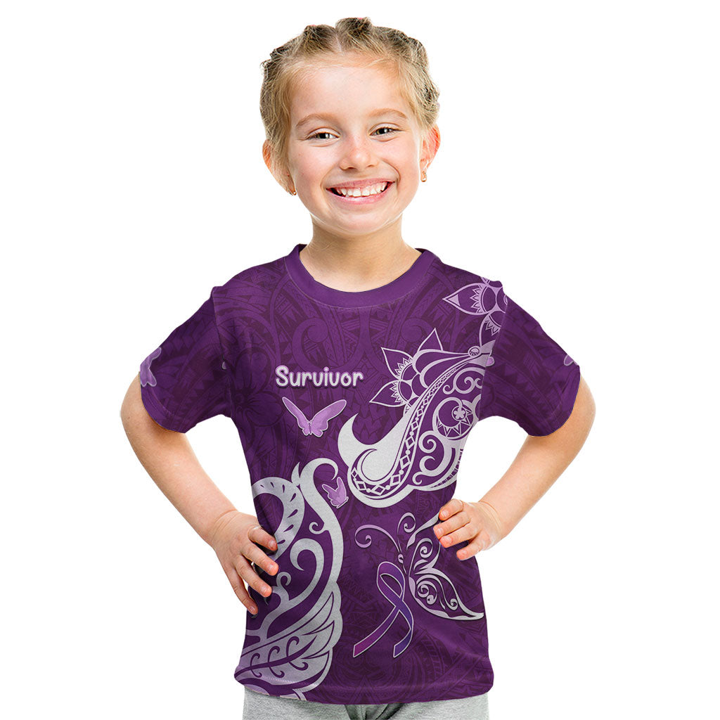 Personalised Fibromyalgia Support Kid T Shirt Polynesian Purple Ribbon