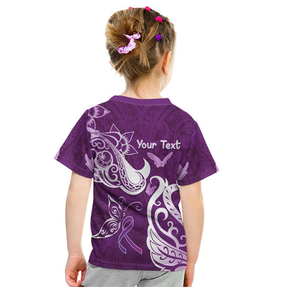 Personalised Fibromyalgia Support Kid T Shirt Polynesian Purple Ribbon