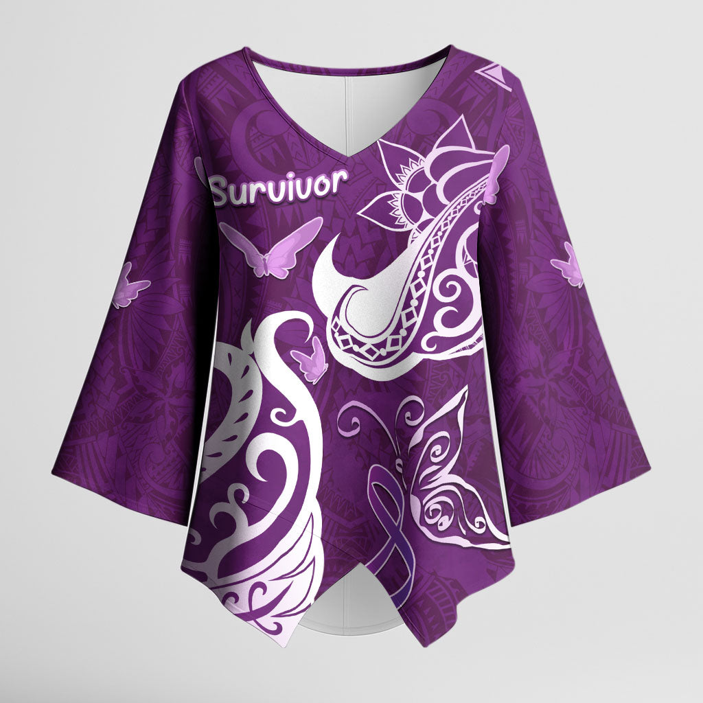 Personalised Fibromyalgia Support Kimono Sleeve Blouse Polynesian Purple Ribbon
