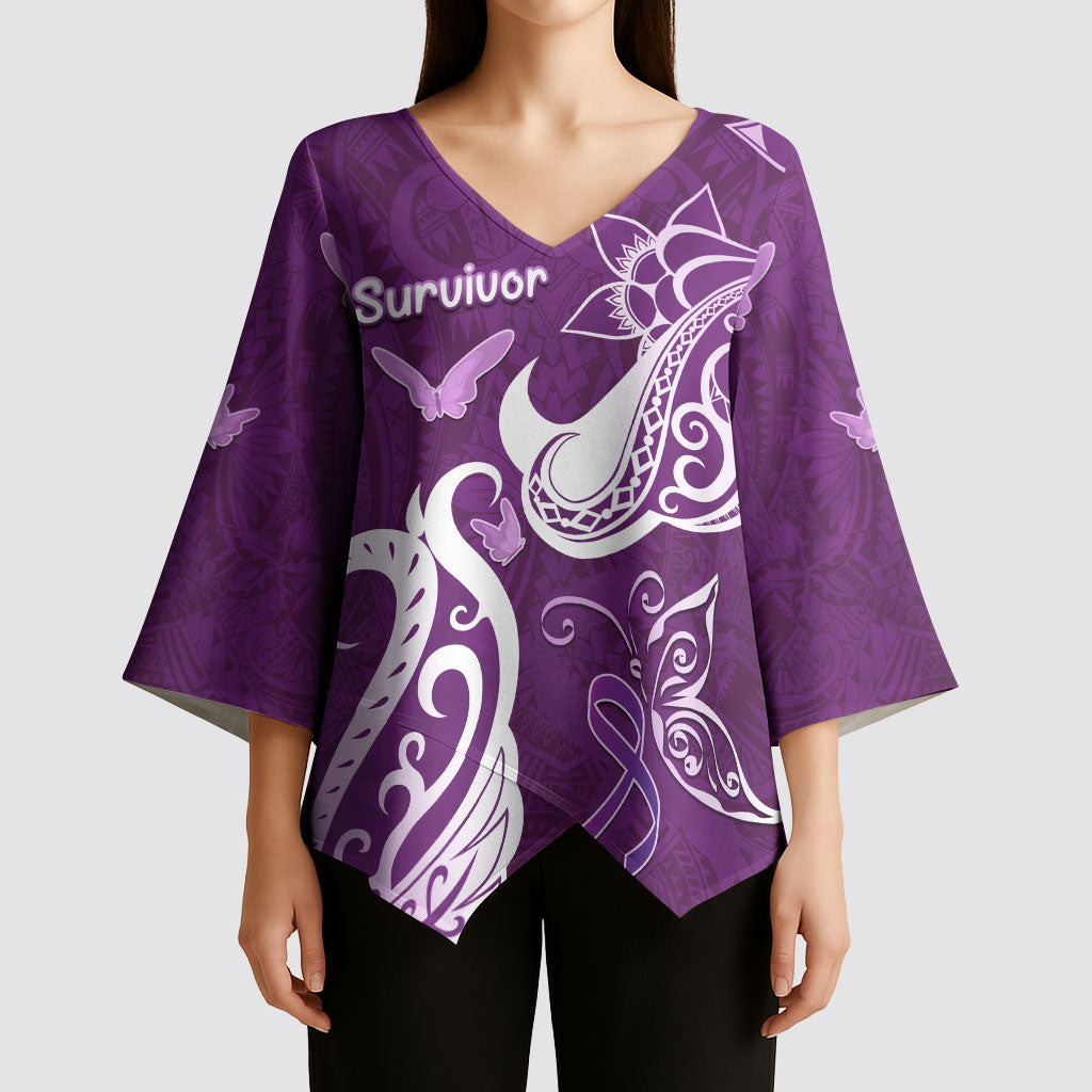 Personalised Fibromyalgia Support Kimono Sleeve Blouse Polynesian Purple Ribbon