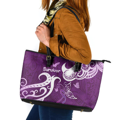Fibromyalgia Support Leather Tote Bag Polynesian Purple Ribbon